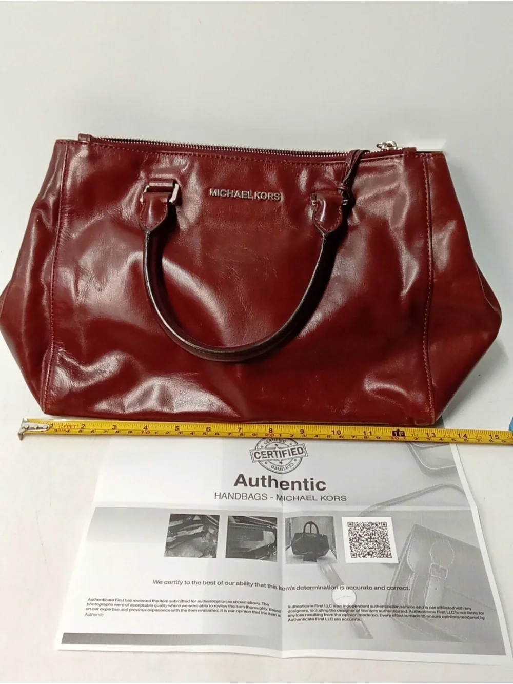 Michael Kors Burgundy Leather Handbag Silver Hardware Double Handles 17